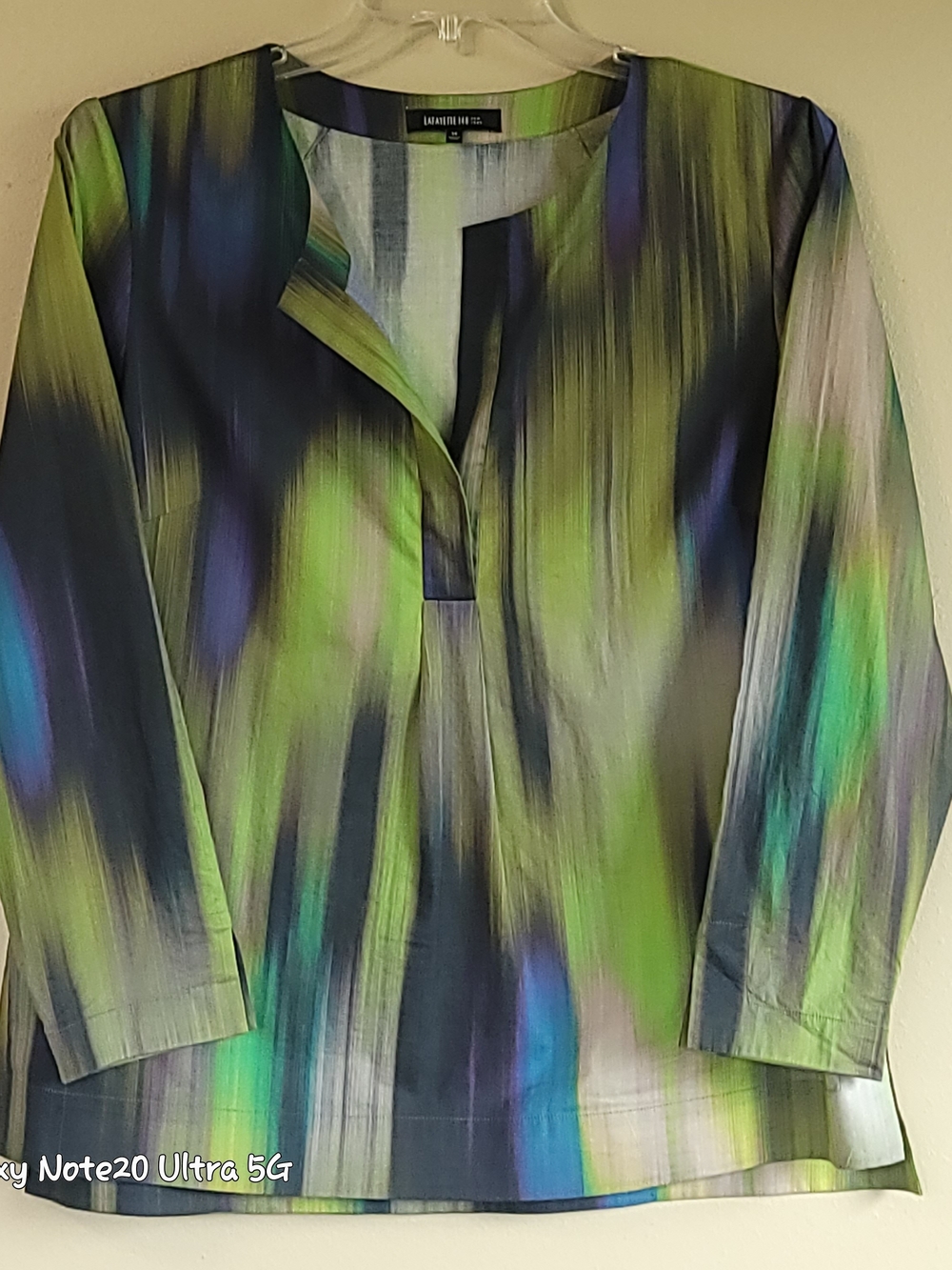 Lafayette 148 NY Abstract Ikat Brushstroke Split Neck Tunic Blouse Green Sz 14